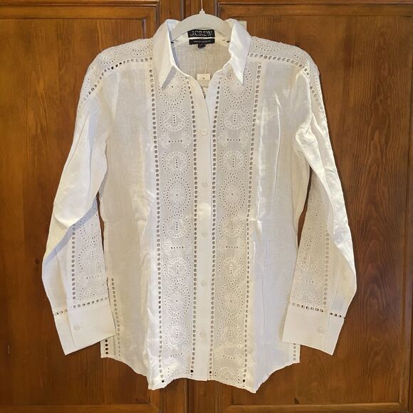 J.Crew Garçon Classic Shirt Eyelet 100% Linen Button-Up White Sz 4 Boho Western - Picture 1 of 12